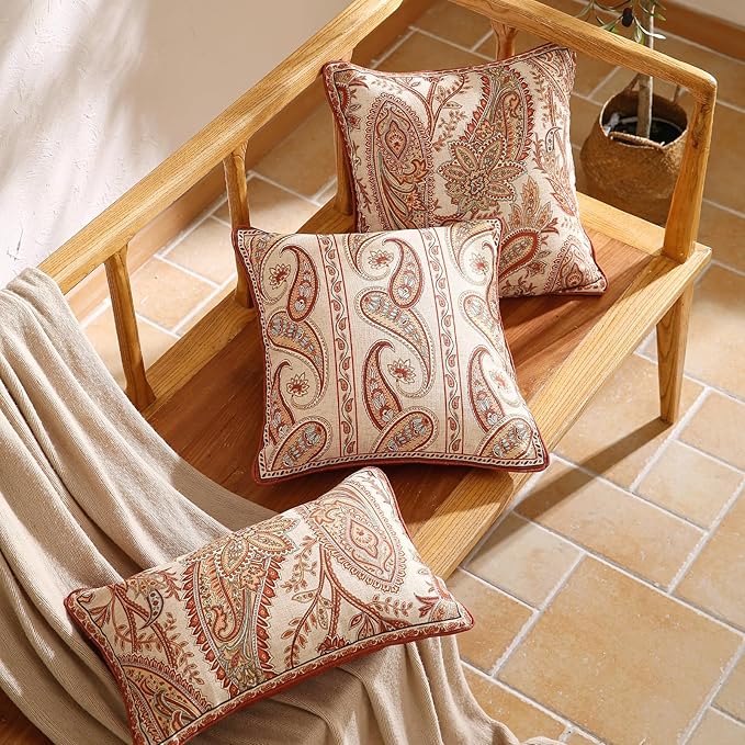 ISAENNE Design Linen Classic Vintage Throw Pillow Covers 18"x18" Pack of 2, Square Cushion Covers with Orange Yellow Paisley Style Pattern Decoration Pillowcases for Bed,Living Room,Outdoor,Car
