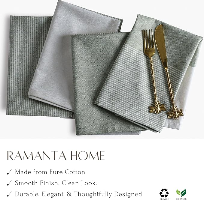 Ramanta Home Cloth Napkins Set of 12 18x18 Inches - Spring Basket Decor Block Striped Dinner Napkins for Easter Farmhouse Wedding, Washable Soft Cotton Durable Table Linen for Everyday Use - Green