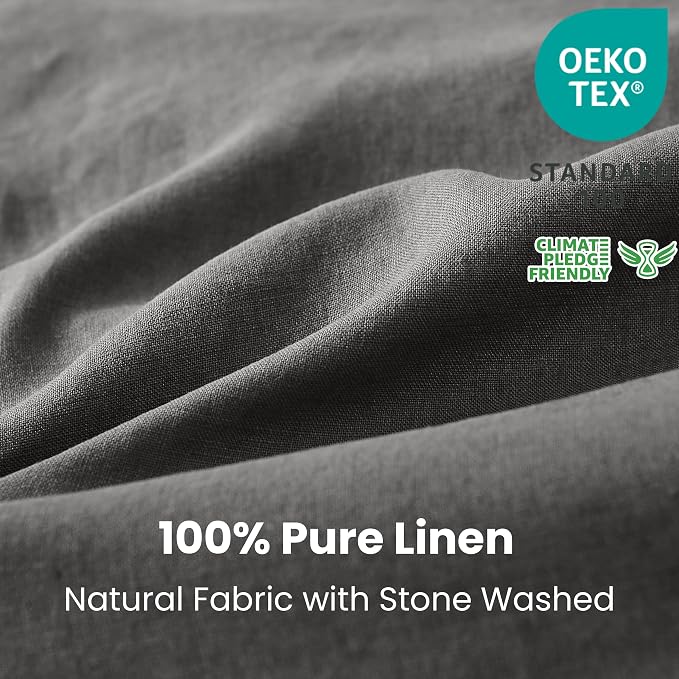 Simple&Opulence 100% Linen Duvet Cover Set 3pcs with Coconut Button Closure Natural French Washed Flax Solid Color Soft Breathable Farmhouse Bedding - Dark Grey, King Size
