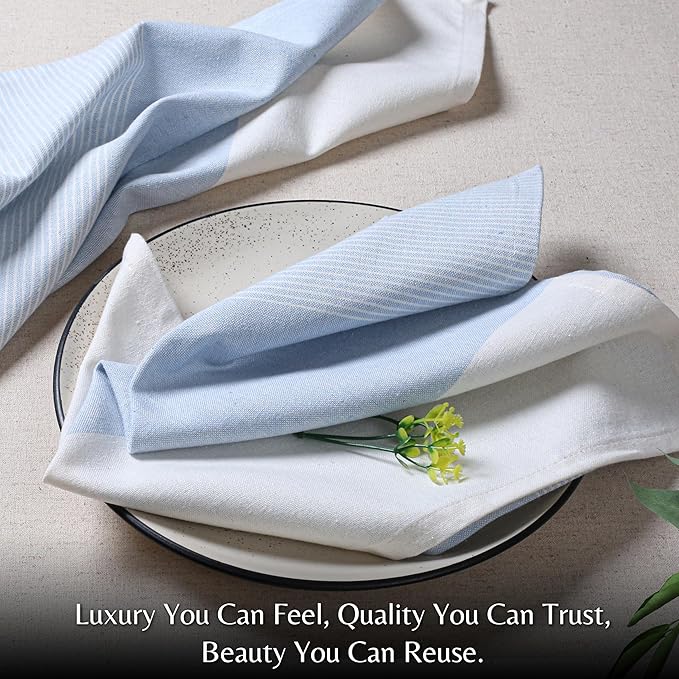 Ramanta Home Cloth Napkins Set of 4 18x18 Inches - Spring Basket Decor Block Striped Dinner Napkins for Easter Farmhouse Wedding, Washable Soft Cotton Durable Table Linen -Everyday Use - Light Blue