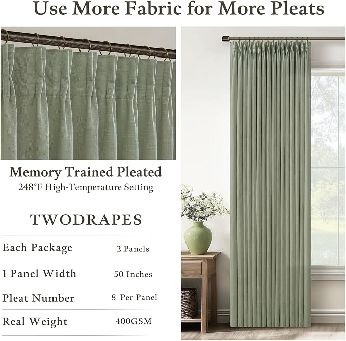 Sage Green Textured Linen Blend Curtains 102 Inches Long for Dining Room Living Pinch Pleated Ceiling Track Semi Sheer Curtains with Hooks Rings Light Filtering Drapes 50 W x 102 L 2 Panels Set