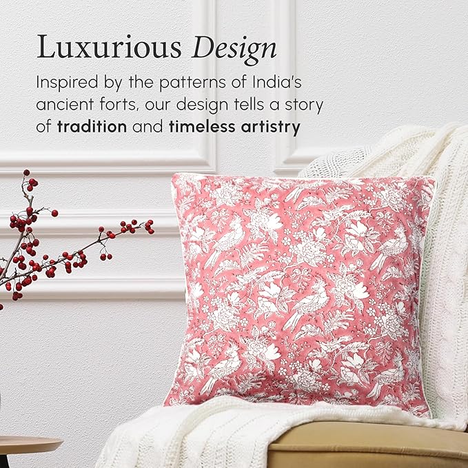 CPC 100% Cotton Throw Pillow Covers 18x18 Inch, Set of 2 Pink Block Print Pattern Couch Pillow, Cute Boho Decorative Pillows for Living Room, Bedroom with Hidden Zipper- Pink Coral