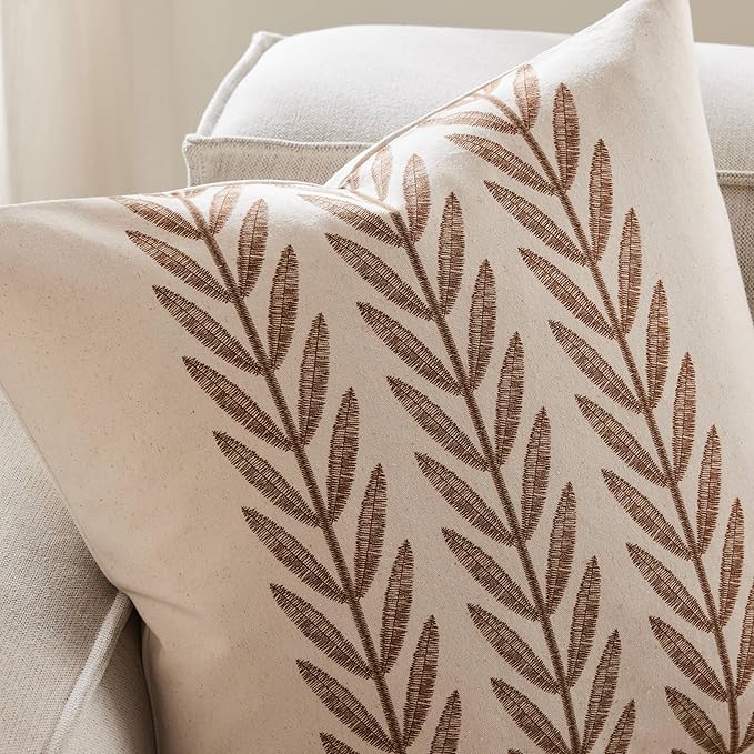 100% Cotton Farmhouse Leaves Throw Pillow Covers Set of 2, 24x24 Inch Caramel Pastoral Decorative Print Cushion Covers for Sofa Bed Living Room Home Decor
