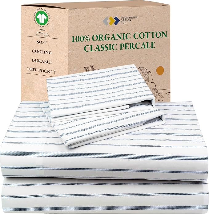 California Design Den Full Sheet Set Stripe, 100% Organic Cotton Percale Sheets, Deep Pocket Full Sheets & Pillowcase Set - Blue Stripe