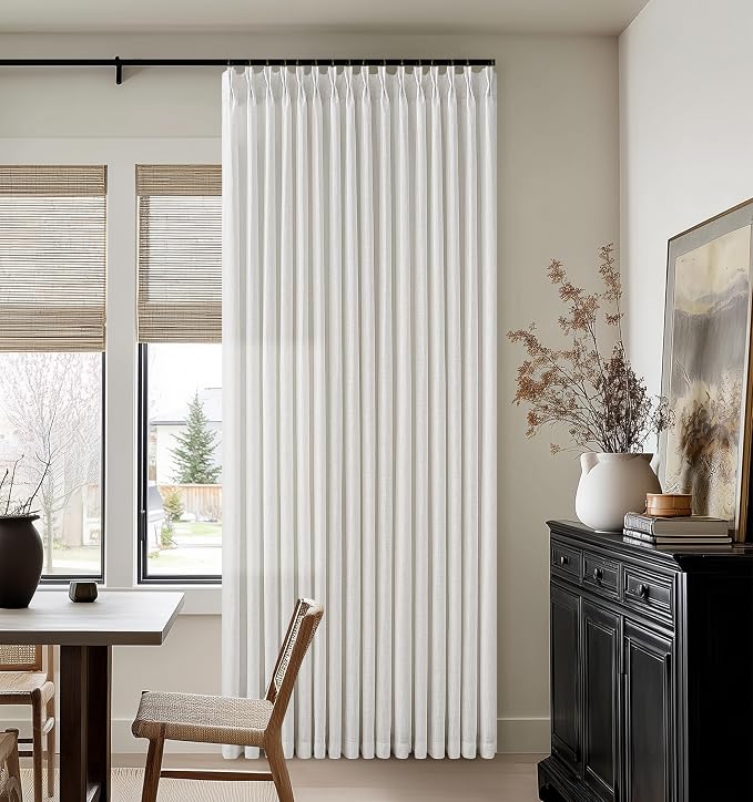 Thick Linen Semi Sheer Curtains 112 Inches Long for Living Room Bedroom Light Filtering Off White Textured Pinch Pleated Curtains 112 Length Hooks Rings Back Tab for Sliding Door 2 Panels Beige White