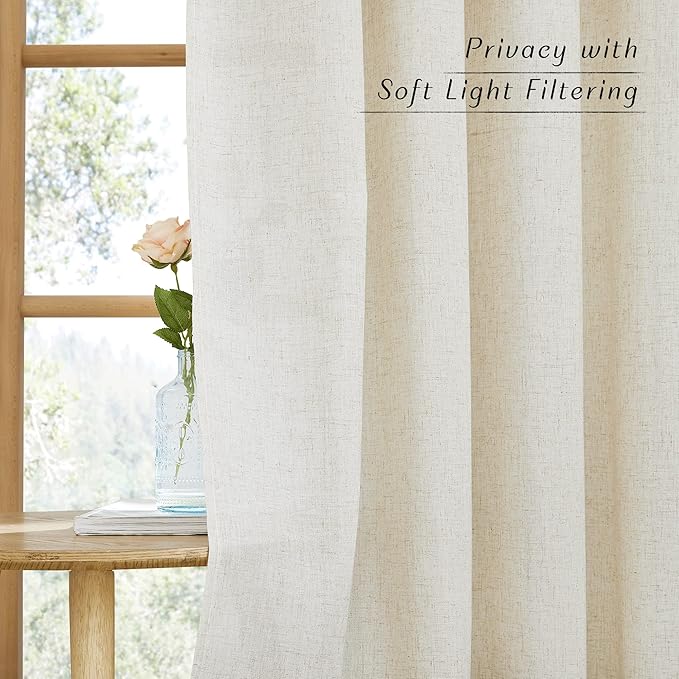 NICETOWN Natural Linen Kitchen Curtains, Casual Rod Pocket & Back Tab Semi Sheer Curtains & Drapes Privacy Assured with Light Through for Bedroom/Farmhouse, W55 x L54, Sold as 2 Panels