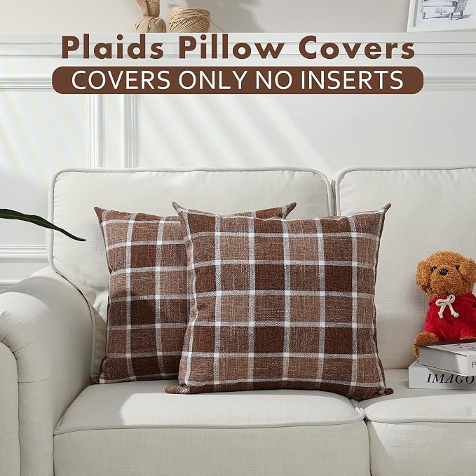 Stellhome Pack of 2 Faux Linen Buffalo Check Throw Pillow Covers, Farmhouse Plaid Decorative Cushion Covers for Couch Sofa Living Room, 26x26 Inch, Chocolate