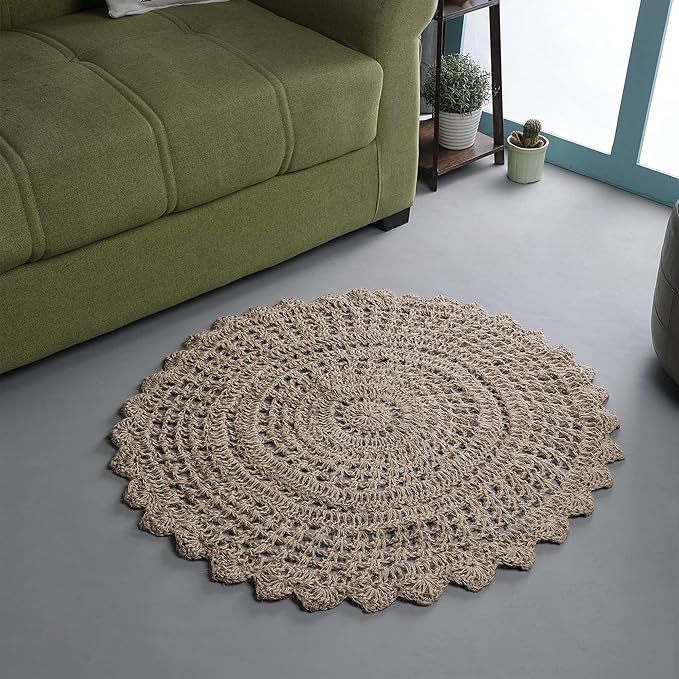 THE BEER VALLEY Jute Hand Crochet Rug 3 Feet Round - Natural | Non-Slip Farmhouse Small Circle Rug for Bedroom, Kitchen, Nursery - Accent Decorative Scalloped Floor Mat