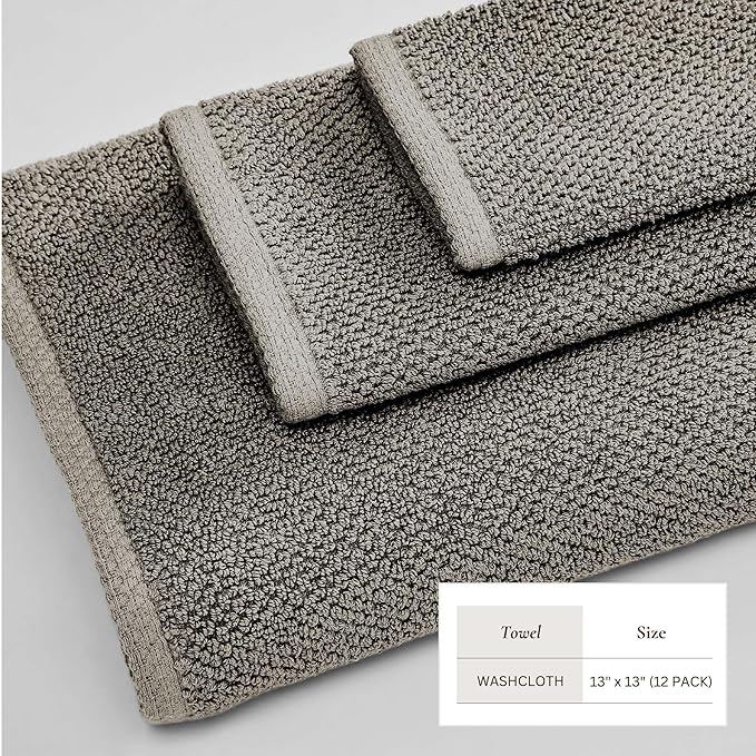 Great Bay Home 100% Cotton 12-Pack 13x13 Wash Cloth - Absorbent, Quick-Drying, Durable Face Towels for Bathroom Decor - Low-Twist, Two-Ply Fibers (Dark Grey)