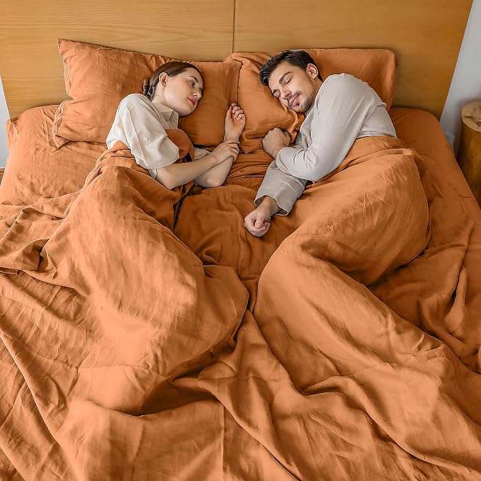 Simple&Opulence French Linen Duvet Cover Set 78" x 86"- 3 Pieces (1 Comforter Cover,2 Pillowcases)- Natural Flax Cotton Blend-Solid Color Breathable Farmhouse Bedding-Rust, Full