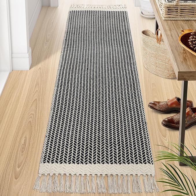 Lahome Belle Boho 2x7 Hallway Runner Rug, Bathroom Runners Lightweight Entry Woven Cotton Black Runner Rug with Tassels, Farmhouse Door Mats Indoor Low Pile Carpet for Laundry Room Decor
