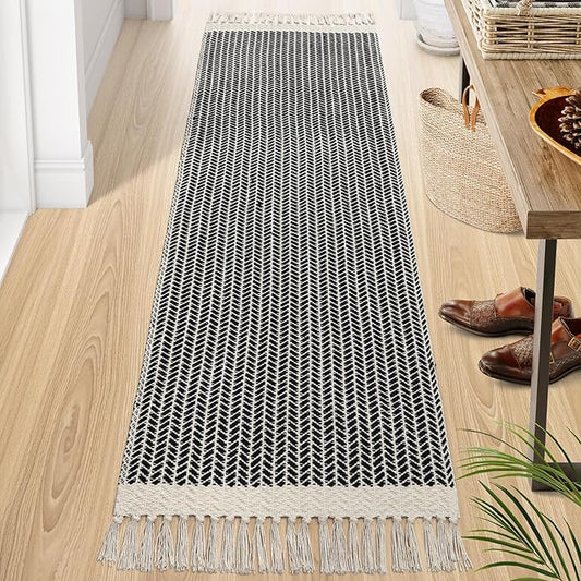 Lahome Belle Boho 2x7 Hallway Runner Rug, Bathroom Runners Lightweight Entry Woven Cotton Black Runner Rug with Tassels, Farmhouse Door Mats Indoor Low Pile Carpet for Laundry Room Decor