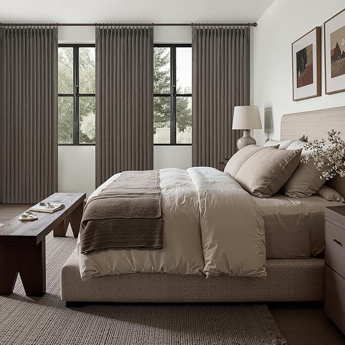 Chocolate Tart Pinch Pleated Curtains 2 Panels Set 90 Inches Long for Kids Room, Blackout Memory Trained Double Layer Thick Linen Soundproof Heat Blocking Nursery Coffee Windows Drapes 7-1/2 FT