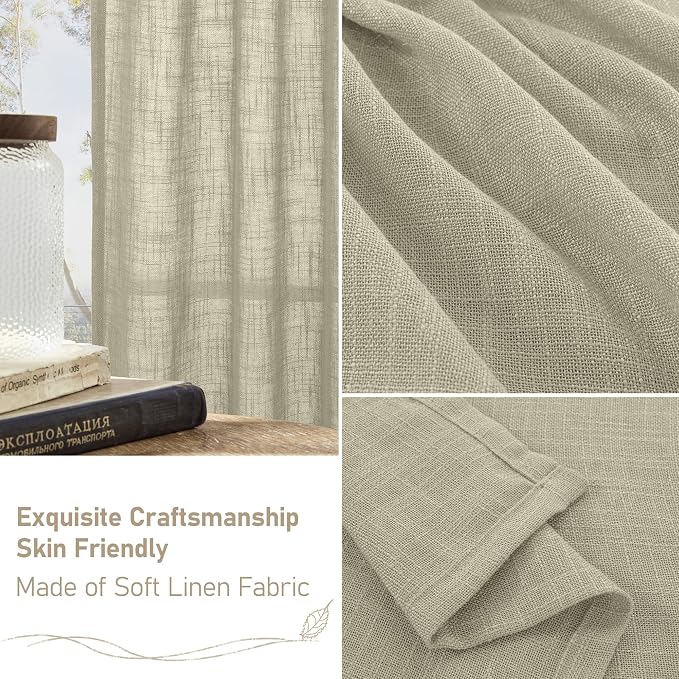 LAMIT 40 Inch Length Linen Curtains for Small Windows, Semi Sheer Light Filtering Panels Back Tab and Rod Pocket Country Decor Drapes for Basement/Kitchen, Oatmeal, 2 Panels, 34 x 40 Inch
