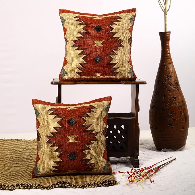 Trade Star 70% Jute 30% Wool Pillow Shams Handwoven Pillow Case Throw Pillow Cover Set of 2 Kilim Cushion Cover Indian Jute Pillow Cover for Home Decor Thich Rug Designer Cushion Case