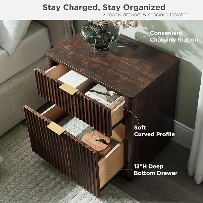 T4TREAM 23'' Fluted Nightstand with Charging Station, Large 2 Drawer Side Table, Modern End Table with Storage, Mid Century Bedside Table for Bedroom, Living Room, Curved Profile, Dark Walnut