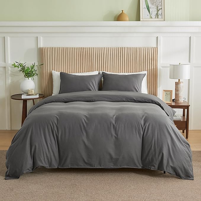 BISELINA French Linen Duvet Cover Set 2pcs with Hidden Zipper Closure Natural Flax Cotton Blend Solid Color Soft Breathable Luxury Farmhouse Bedding - Twin Size, Dark Grey