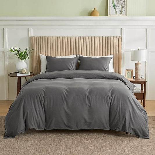 BISELINA French Linen Duvet Cover Set 3pcs with Hidden Zipper Closure Natural Flax Cotton Blend Solid Color Soft Breathable Luxury Farmhouse Bedding - King Size, Dark Grey