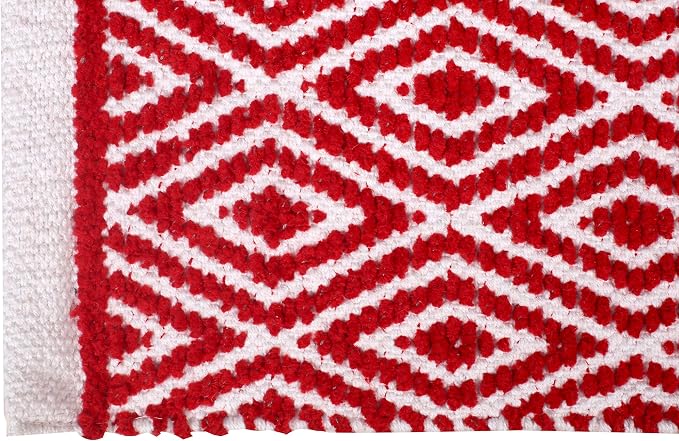 Chenille Cotton Diamond Rug 21x34 Inches - Red, Reversible Small Soft Washable Front Door Mat Ideal for Kitchen, Entryway, Bathroom | Farmhouse Boho Accent Indoor Throw Rugs for Bedroom, Patio