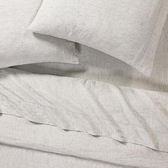 Sijo Stone Washed Organic French Linen Bed Sheet Set, GOTS Certified Organic, Best Cooling Linen Sheet Award by Sleep Foundation, 4 Piece - 2 Pillowcases, 1 Fitted and 1 Flat (Pinstripe, Queen)