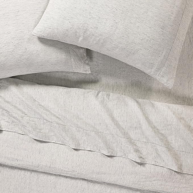 Sijo Stone Washed Organic French Linen Bed Sheet Set, GOTS Certified Organic, Best Cooling Linen Sheet Award by Sleep Foundation, 3 Piece - 2 Pillowcases and 1 Fitted Sheet (Pinstripe, Queen)