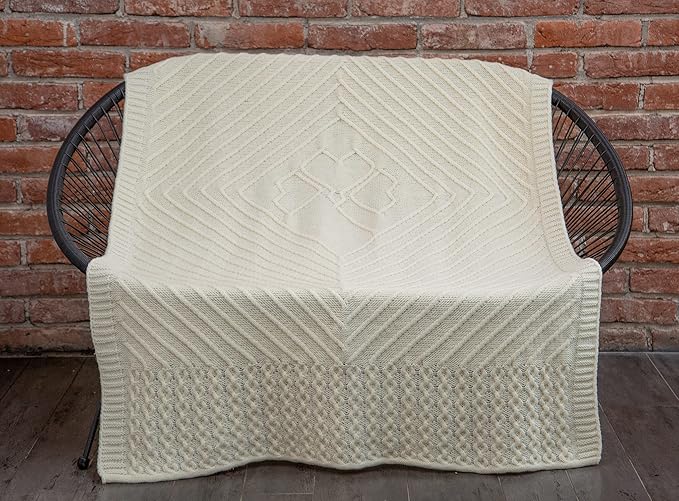 SAOL Irish Throw with Shamrock - 100% Merino Wool Aran Couch Blanket 48'' x 68'' (122 x 173 cm) (Natural)