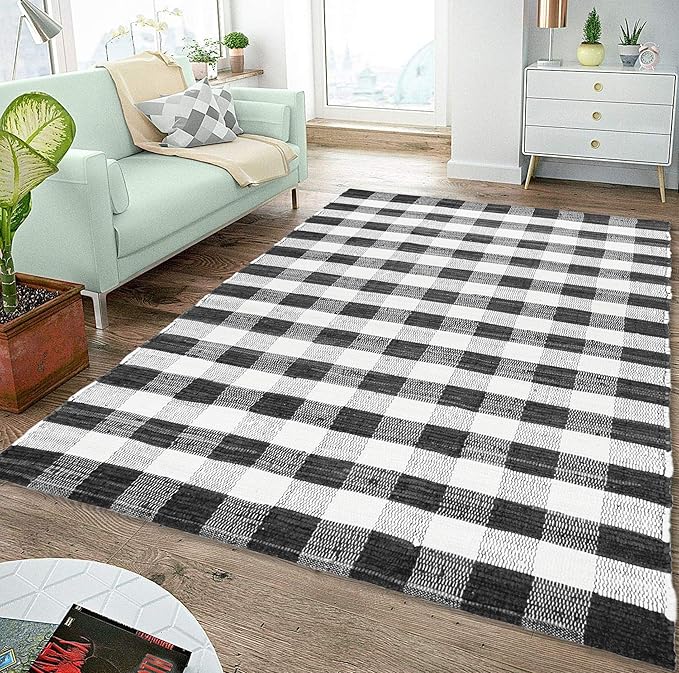 GLAMBURG Cotton Reversible Area Rug 3' x 5' Farmhouse Floor Mat, Handwoven Washable Carpet Checkered Plaid Rug for Front Porch Living Room Kitchen Bedroom - Black White