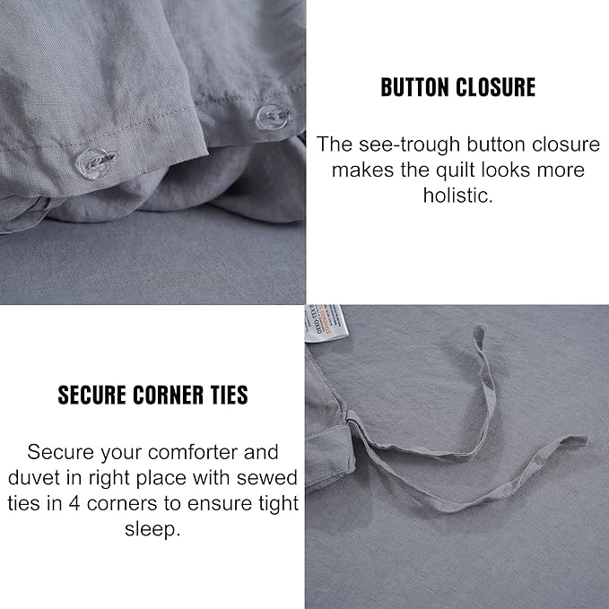 S VICTORY SYMBOL 100% Organic Linen Duvet Cover Set 3pcs Queen Size,Natural French Washed Flax Bedding,GOTS Certified(1 Duvet Cover and 2 Pillowcases) Buttons Closure,Light Grey