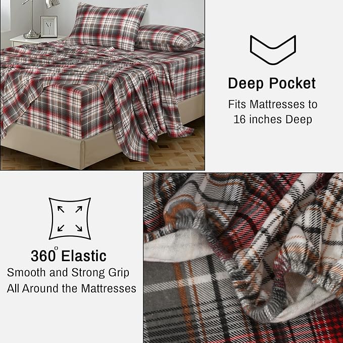 RUVANTI Flannel Sheets Twin XL Size - 100% Cotton Double Brushed Twin XL Sheet Sets, Deep Pockets 16 Inches, All Seasons Breathable & Extra Soft Bed Sheets, Warm & Cozy, 3 Piece, Halloween Check