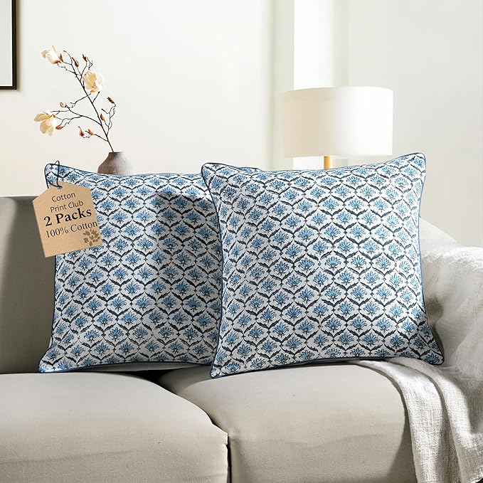 CPC Jeans Blue Block Print Throw Cushion Cover 18 x 18 Inch Set 2 - Decorative Boho Floral Pillow Case for Living Room, Bed, Sofa, Couch, Home Decor Cushion Cover Gift for Spring, Mother's Day