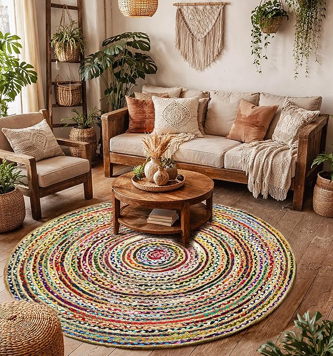 COTTON CRAFT Jute Cotton Chindi Braid Rag Rug - Boho Farmhouse Rustic - Handwoven Reversible Natural Jute and Recycled Cotton Throw Area Rug Carpet - Home Décor - 5 Feet Round - Multi Color