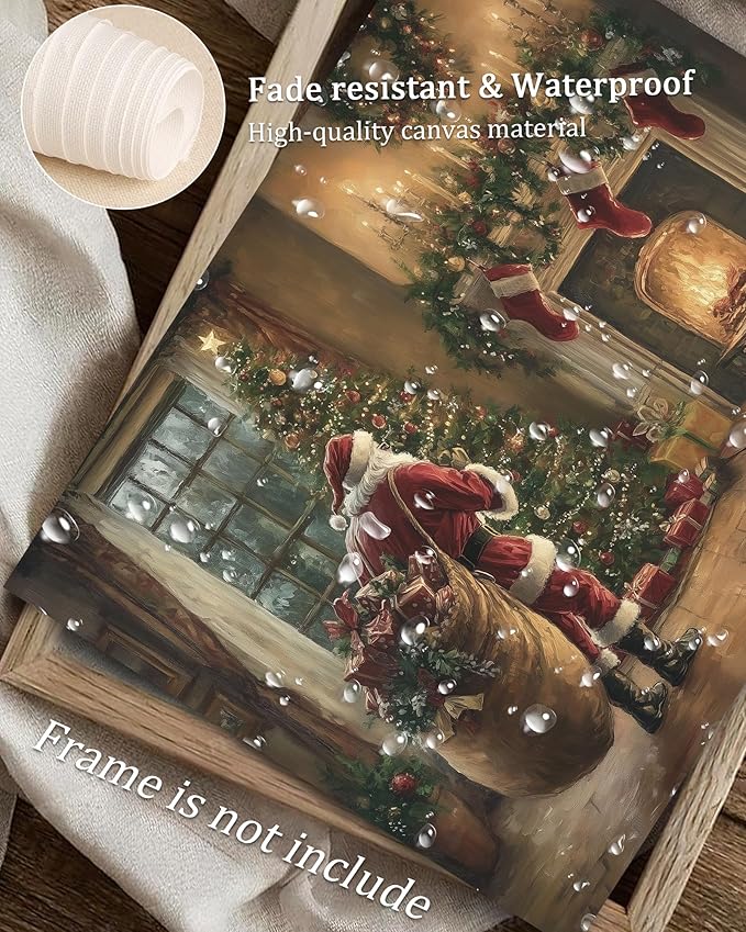 Vodefoad Vintage Christmas Claus Wall Art Cottagecore Santa Claus Canvas Decor Academia Xmas Decor Winter Print Christmas Tree Painting for Christmas Holiday - 8x10Inch Unframe