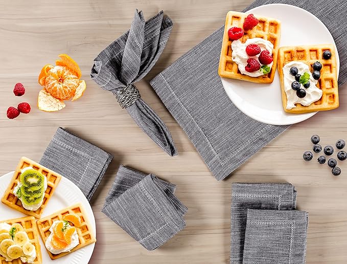 Cotton Textured Cloth Dinner Napkins Set of 6 (20X20 Inch - Charcoal Grey) 100% Cotton Everyday Use Premium Quality Over Sized Cloth Napkins with Mitered Corners Ultra Soft Durable Hotel Quality