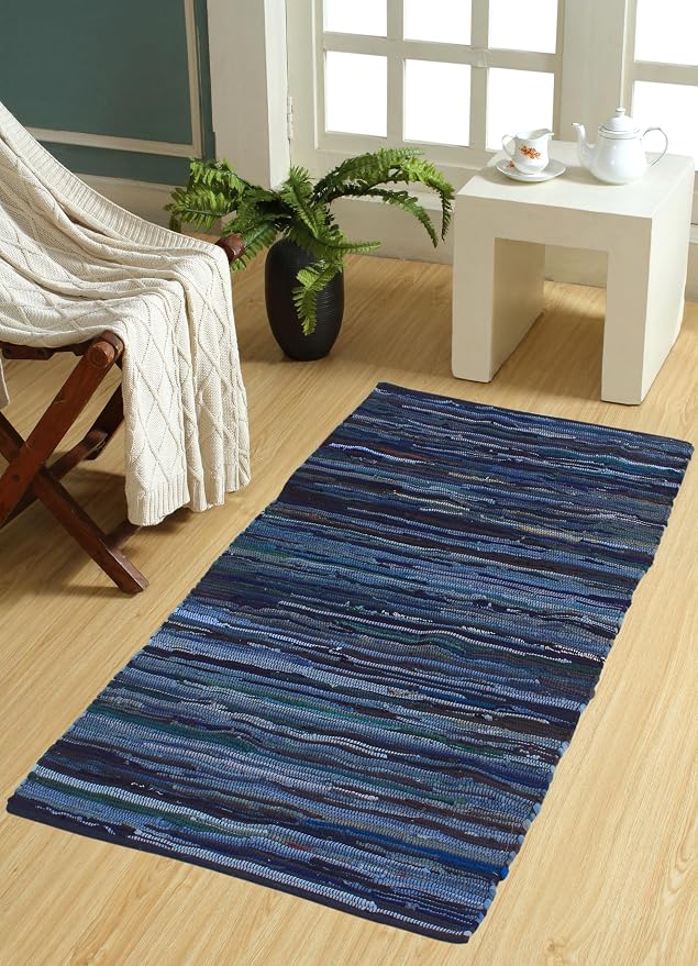 Handmade Cotton Chindi Rug Runner Area Rag Washable Recycled Rugs for Home Décor, Living Room and Bedroom (NavyBlue, 3X5 Feet)