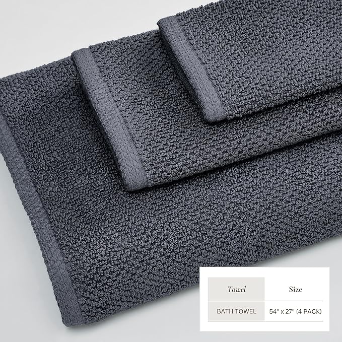 Great Bay Home 100% Cotton 4 Pack 54x27 Bath Towel Set - Absorbent, Quick-Drying, Durable Towels for Bathroom Decor - Low-Twist, Two-Ply Fibers (Stone Blue)