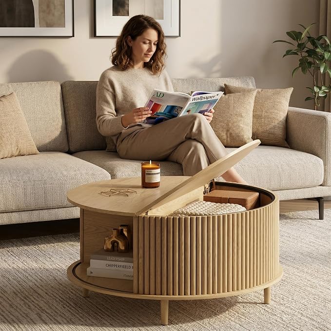 JOINICE 31.5" Round Coffee Table with Storage for Living Room, Natural Oak | Hidden Storage,Fluted Sliding Door,Boho Center Table for Small Apartments,Solid Wood Legs,Easy Assembly,Up to 110 lbs