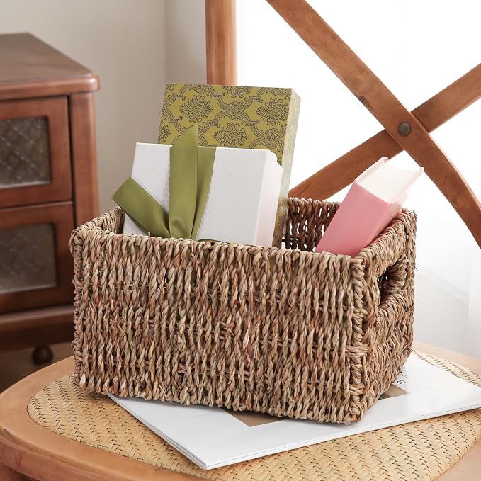 Handwoven Seagrass Storage Basket with Handles, Natural Woven Shelf Organizer Bin for Toys, Books, Closet and Home Storage (Small)