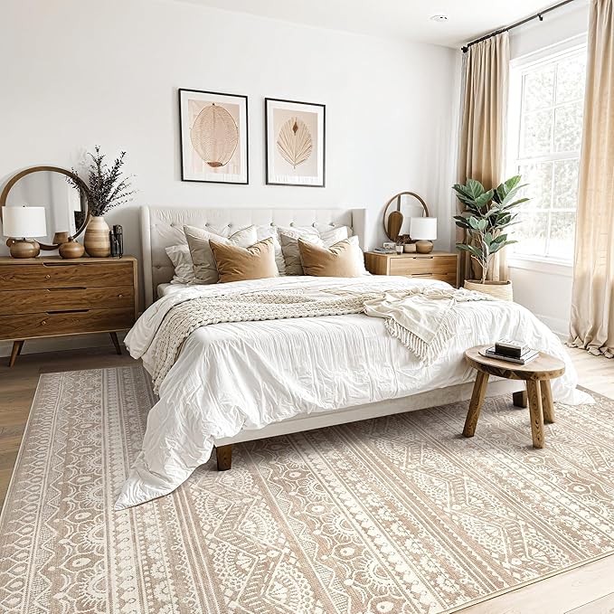 Tortania Area Rug Living Room Rugs - 5x7 Washable Large Soft Neutral Boho Moroccan Bohemian Farmhouse Rug Indoor Floor Carpet for Bedroom Under Dining Table Home Office Decor - Light Brown