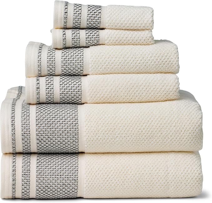 Texere 100% Organic Cotton Rice Weave Jacquard 700 GSM Luxury Bath Towel Sets - 2 Large Bath Towels, 2 Hand Towels, 2 Washcloths (Rice Weave, Cream w/Blk, 6 Piece)
