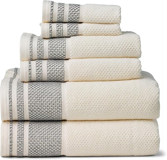 Texere 100% Organic Cotton Rice Weave Jacquard 700 GSM Luxury Bath Towel Sets - 2 Large Bath Towels, 2 Hand Towels, 2 Washcloths (Rice Weave, Cream w/Blk, 6 Piece)