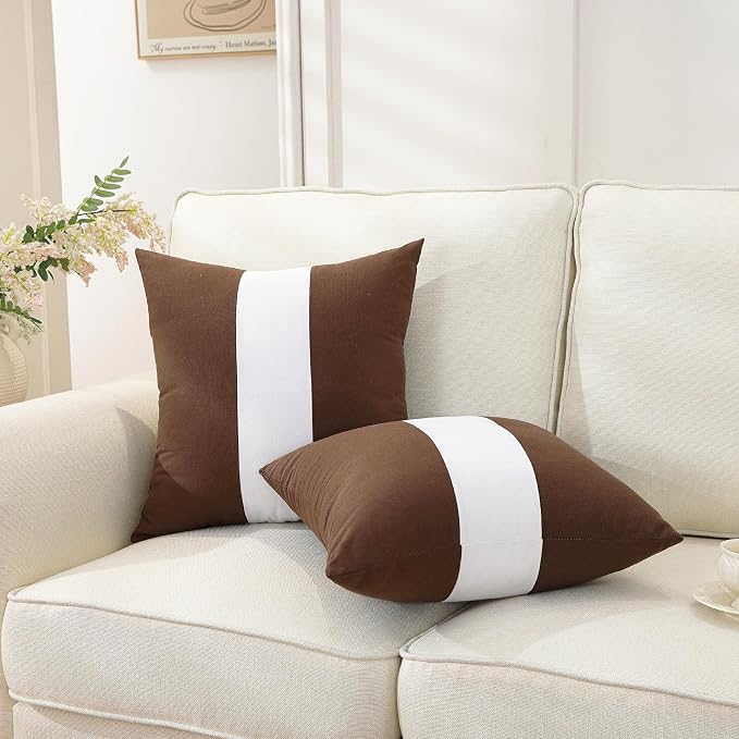 TAOSON Set of 2, Brown 100% Cotton Canvas Patchwork Throw Pillow Covers 18x18 Inch, Modern White Striped Farmhouse Decor Cushion Covers for Sofa Couch Bedroom Living Room