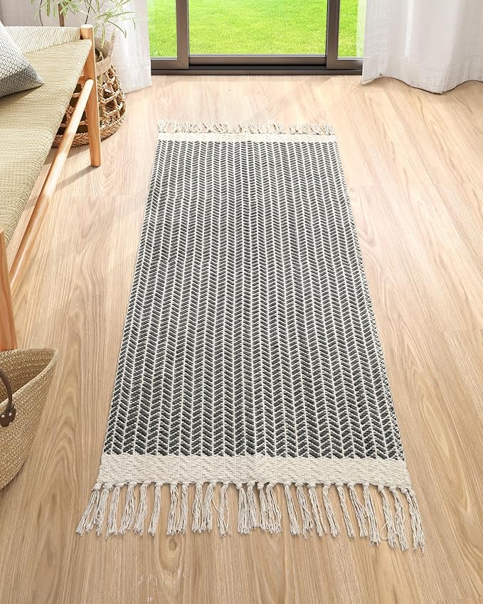 Lahome Belle Boho Kitchen Runner, 2x4.3 Bathroom Runner Rug Lightweight Entryway Rug Woven Cotton Throw Mat with Tassels, Farmhouse Non Shedding Washable Grey Rugs Low Pile for Bedroom Doorway