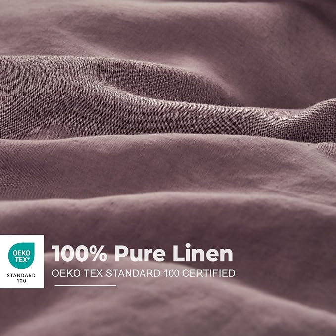 Simple&Opulence 100% Washed Linen Duvet Cover with Embroidered, 3 Pieces Soft Farmhouse Comforter Set with Button Closure,1 Duvet Cover and 2 Pillowshams(Queen,Purple)