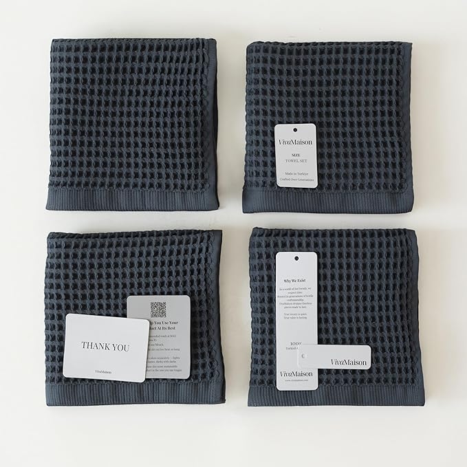 Premium Waffle Hand Towels Pack of 4 Extra Large 20x35 inch - 100% Turkish Cotton, Waffle Weave, Quick Dry, Lint Free, Super Absorbent, Thin Hand Bath Towel (Indigo, Set of 4 Hand Towels)