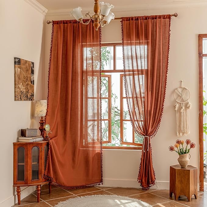 MYSKY HOME Door Curtains for Closet Doorways, 72 Inches Long Sheer Light Filtering Privacy Protect Bohemian Macrame Drapes for Living Room Bedroom, 50" x 72", Terracotta, 2 Pieces