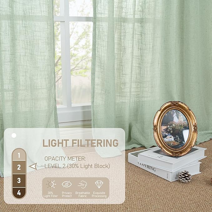 LAMIT Fresh Green Linen Curtains for Living Room, 84 inch Length Light Filtering Semi Sheer Drapes Back Tab and Rod Pocket Farmhouse Panels for Bedroom, 2 Panels, 34 x 84 Inch