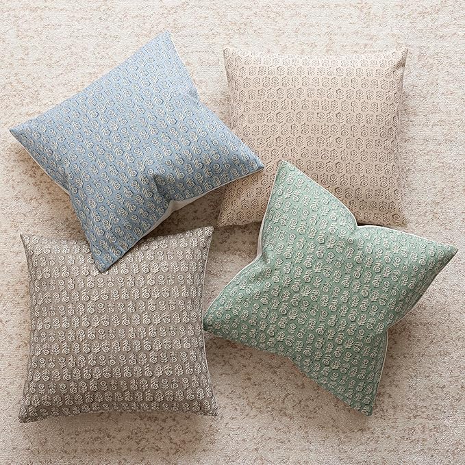 Foindtower Set of 2 Decorative Vintage Floral Print Throw Pillow Covers Neutral Modern Farmhouse Cushion Covers Boho Home Decor for Sofa Couch Chair Bedroom Living Room Outdoor,20×20 Inch,Aqua Blue