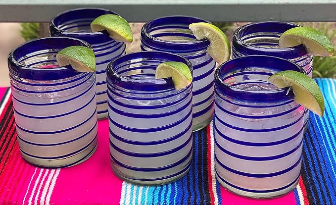 Dos Sueños Hand Blown Mexican Drinking Glasses – Set of 6 Tumbler Glasses with Blue Spiral Design (10 oz each) …