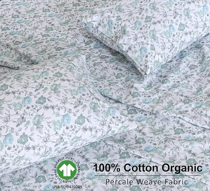 RUVANTI 100% Cotton Organic Percale Sheets Cal King Size – Crisp Cooling Bed Sheets for Hot Sleepers, Deep Pocket 13”, Soft Peach Finish, Breathable & Durable Hotel-Style 4 Pcs, Cold Chrysanthemum