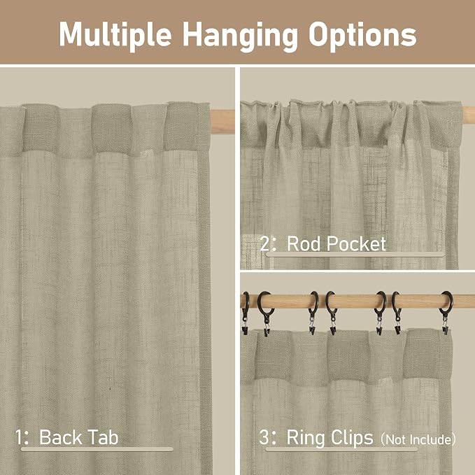 LAMIT Linen Curtains 48 Inch Length 2 Panels, Light Filtering Panels Back Tab and Rod Pocket Country Decor Drapes for Kitchen/Window/Loft Room/Bedroom, 34 x 48 Inch, Oatmeal